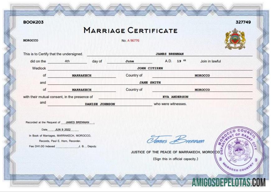 Realista modelo Word e PDF de certidão de casamento em Marrocos
